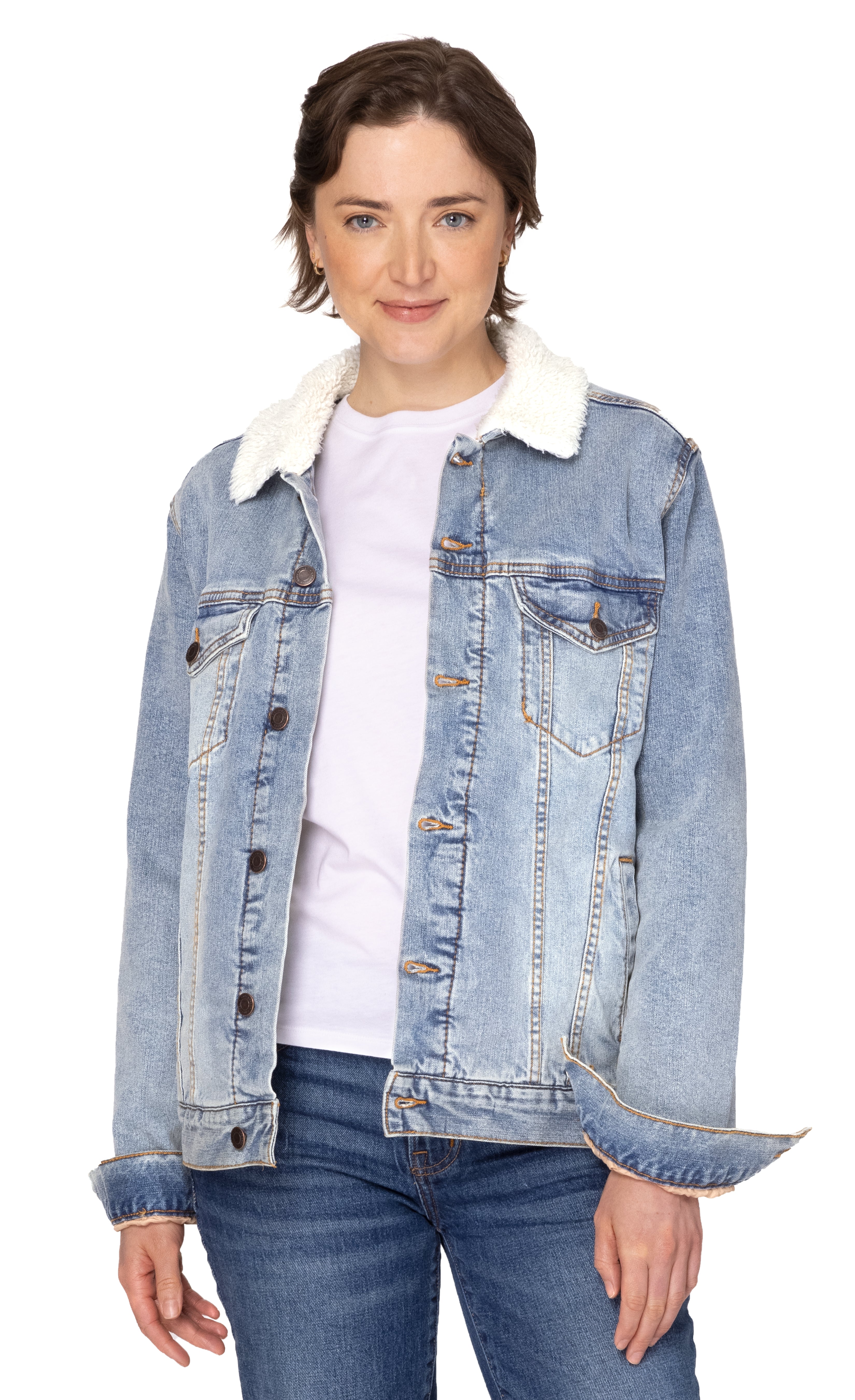 Revamped store Outerwear Women's Sz. M Midi Sherpa Lined Light Wash Denim Jacket