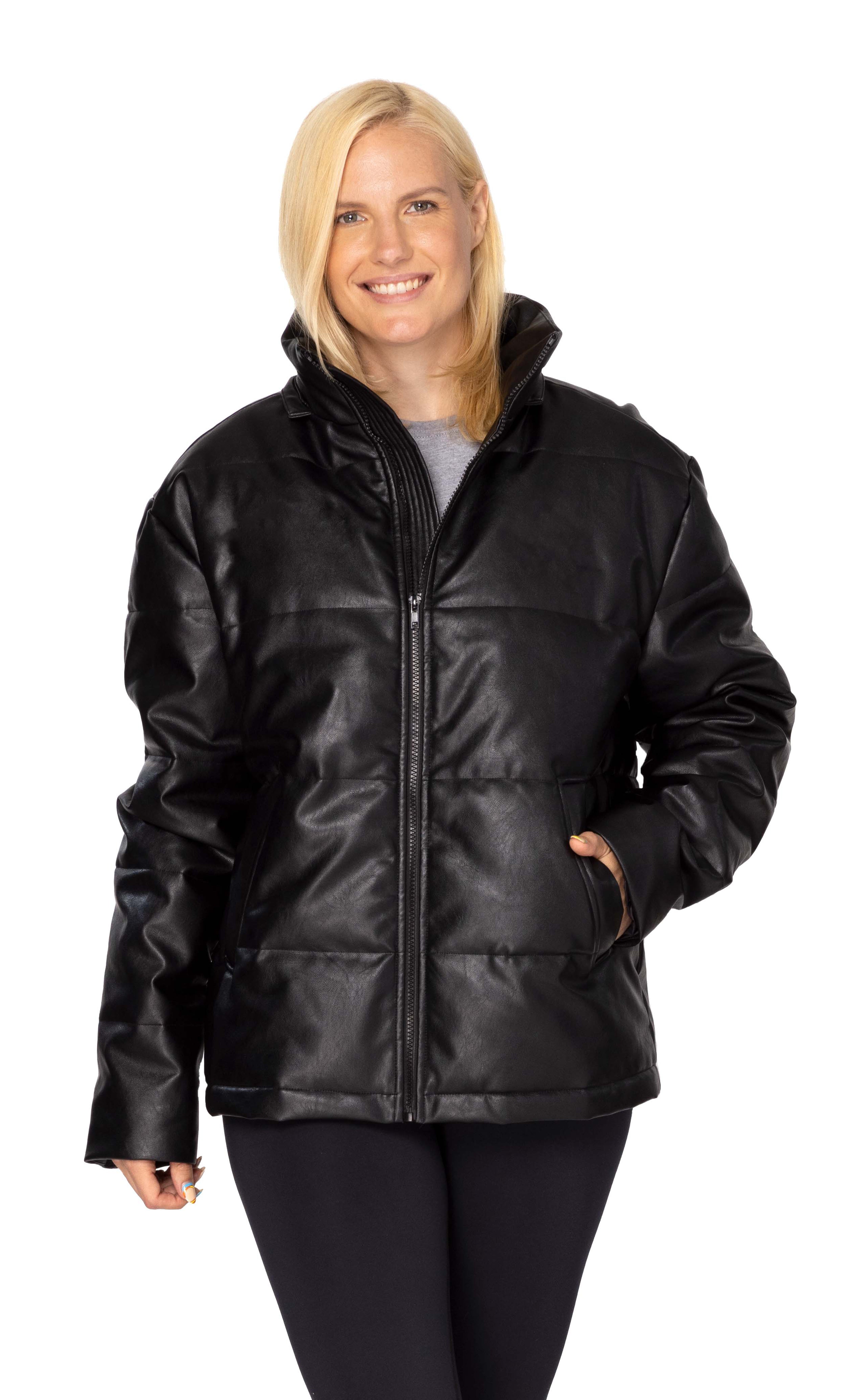 leather puff jacket blouson black 本革 黒 397J • Unisex Vegan Leather Puffer – Threadfast Apparel