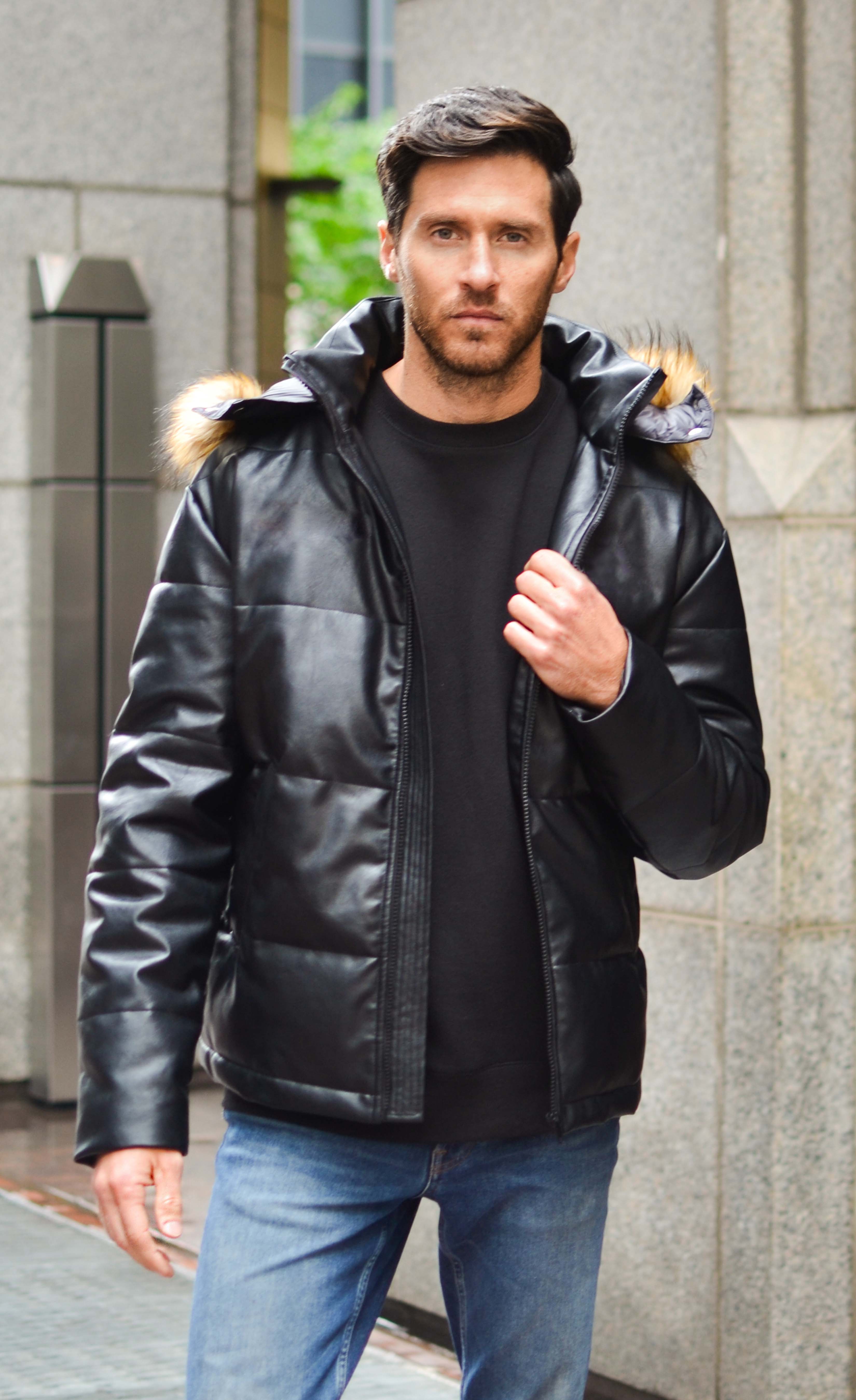 Olakala Vegan Leather Puffer on sale Jacket Black